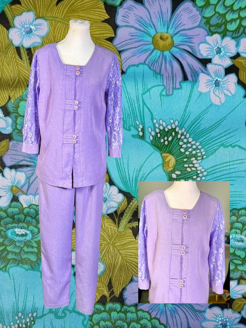 Vintage 90s Betsy's Things Lavender Boho Tunic Lace Sleeve Wide Leg Pant Set 8P